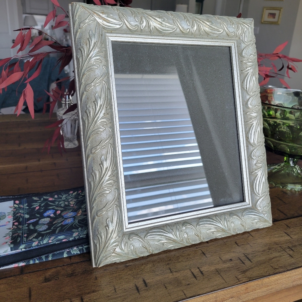 Vintage wood ornate feather look picture frame silver and blue green hue